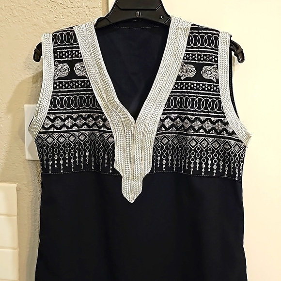 VINTAGE Roaring 20's Sleeveless Dress Beading Sequince Linen w Fringe - Picture 2 of 12